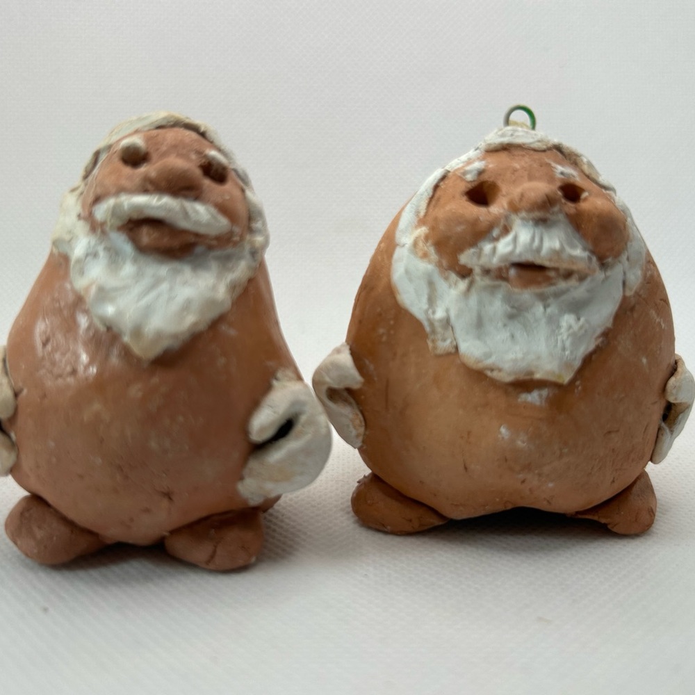 Vintage Handcrafted Santa Ornaments Figurines Clay Handmade Christmas Lot of 2